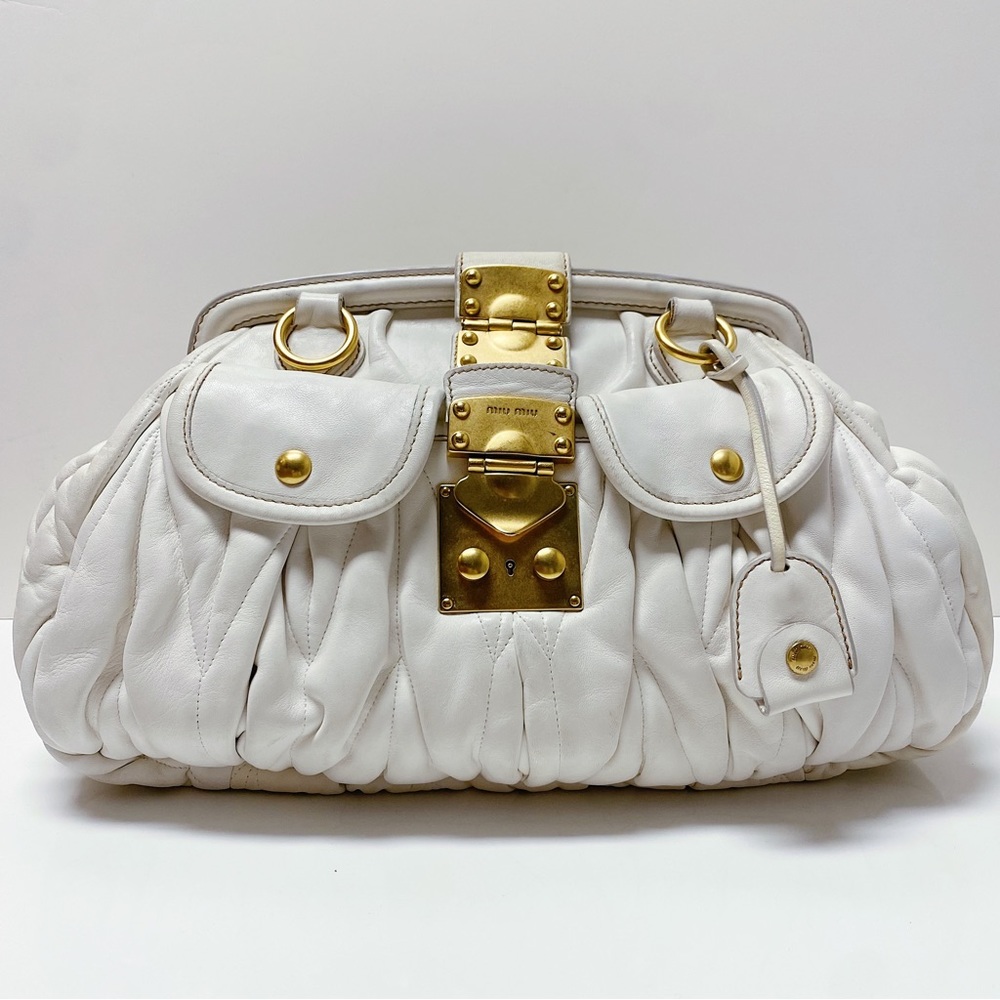Miu Miu Matelassé Ivory Cream Gold Nappa Leather Large Pouch Clutch Bag Italy